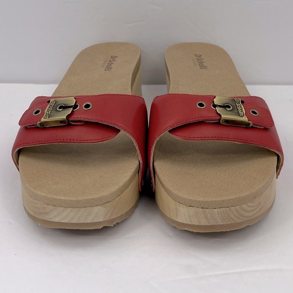 Dr Scholl’s SHOES, RED LEATHER TOP, ADJUSTABLE TOP STRAP, WOODEN SOLE, SIZE 10M - Picture 2 of 16